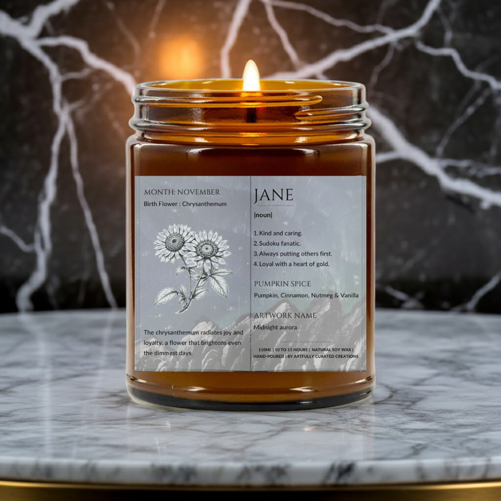 The Definition of you birth flower customisable scented artwork candle | Handmade | A personal gift - Artfully Curated Creations and identify whats in the image