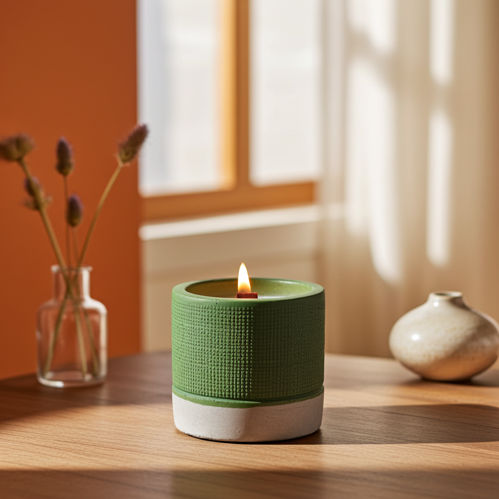 Green Concrete Wooden Wick Candle - Sea Moss & Herbs