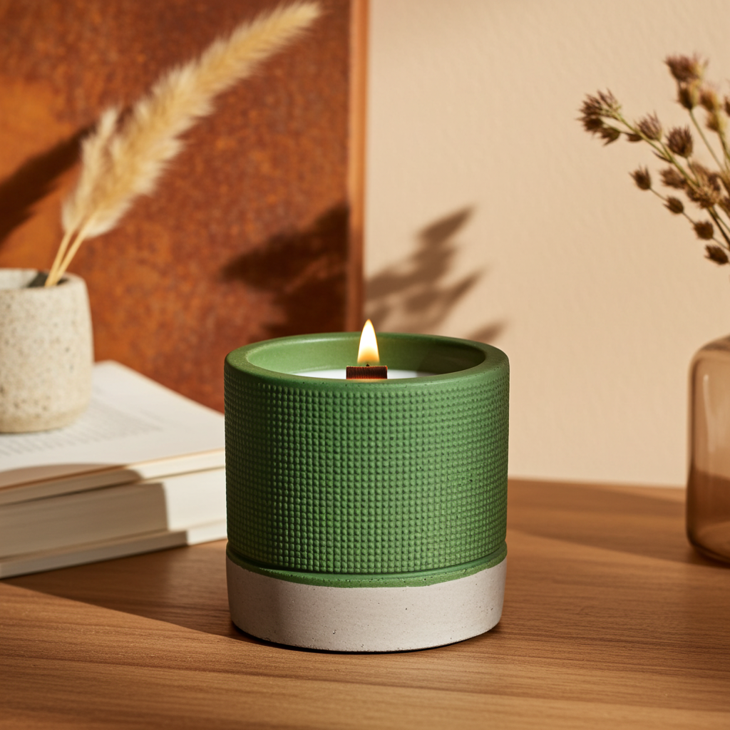 Green Concrete Wooden Wick Candle - Sea Moss & Herbs