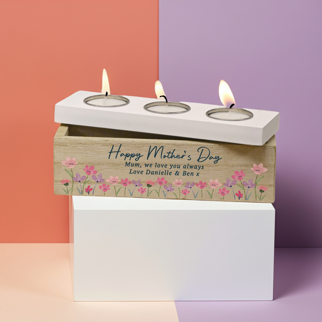 Personalised Shabby Chic Floral Tea Light Box | Custom Message Wooden Gift - Artfully Curated Creations and identify whats in the image