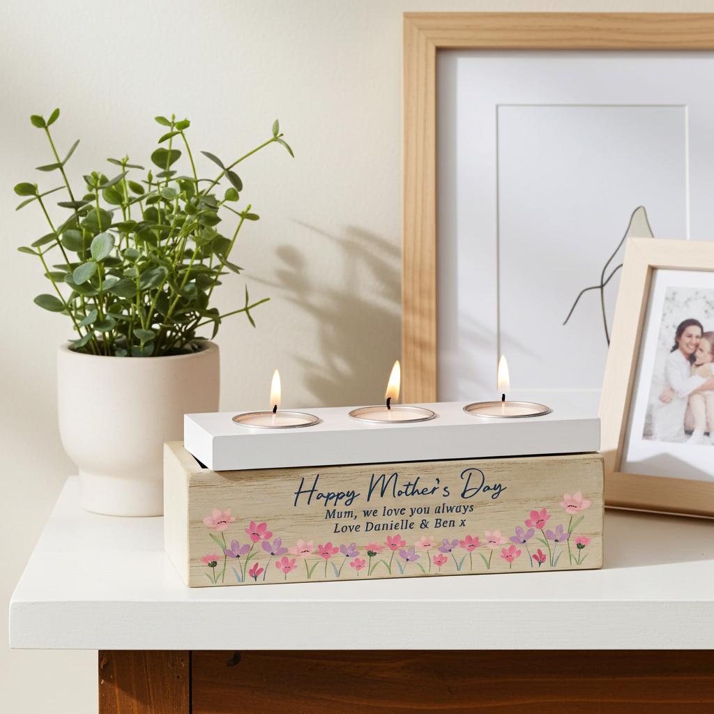Personalised Shabby Chic Floral Tea Light Box | Custom Message Wooden Gift - Artfully Curated Creations and identify whats in the image