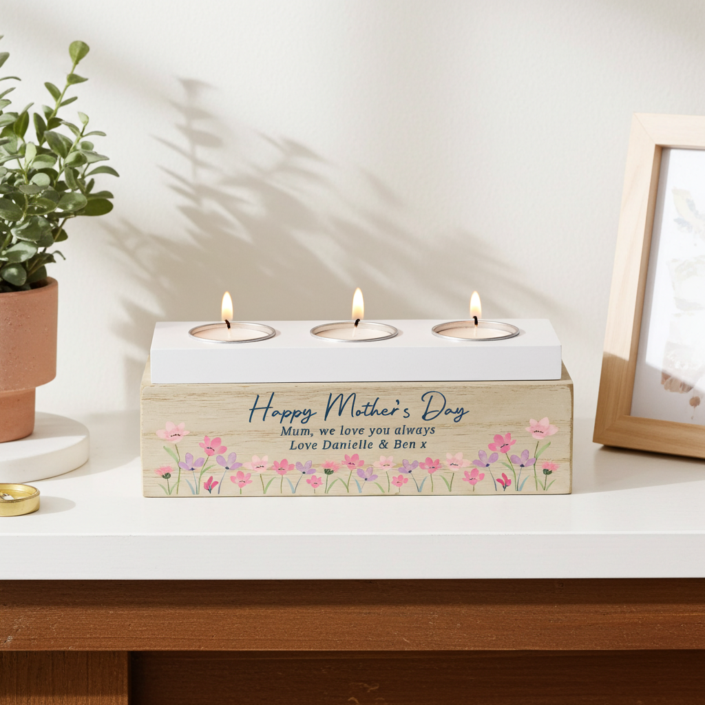 Personalised Shabby Chic Floral Tea Light Box | Custom Message Wooden Gift - Artfully Curated Creations and identify whats in the image