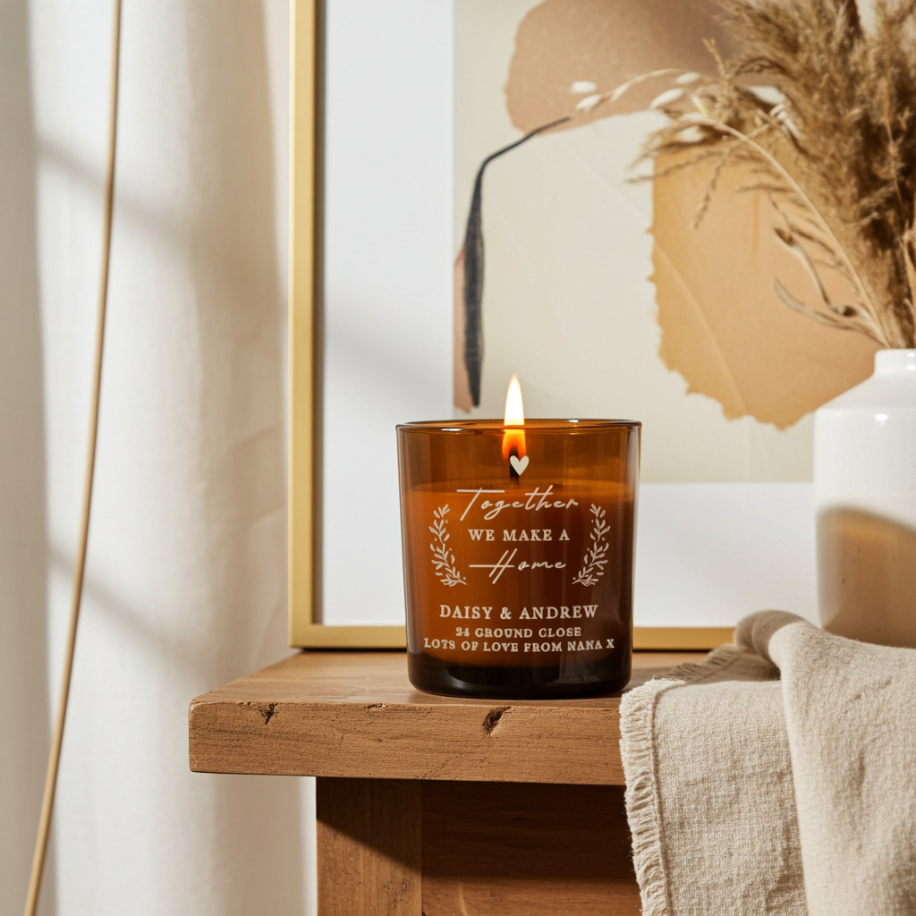 Personalised “Together We Make a Home” Amber Glass Candle Jar | Custom Housewarming Gift - Artfully Curated Creations and identify whats in the image