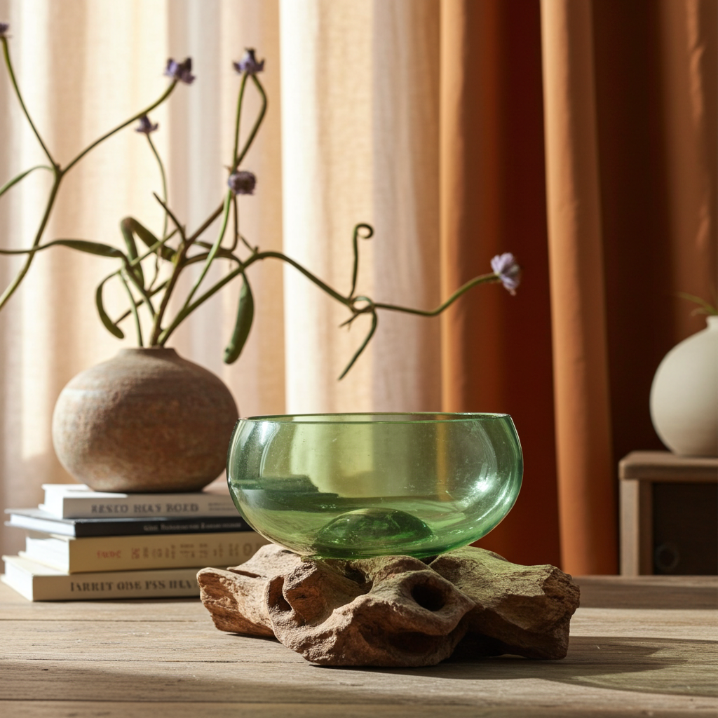 Molton Recycled Beer Bottle Glass Large Wide Bowl On Wooden Stand