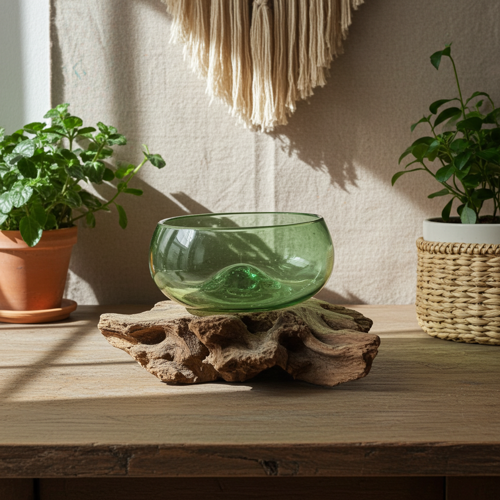 Molton Recycled Beer Bottle Glass Large Wide Bowl On Wooden Stand