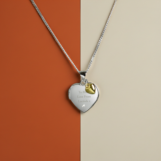 Personalised Sterling Silver & Gold Plated Diamond Heart Locket | Engraved Name & Photo Keepsake Necklace - Artfully Curated Creations and identify whats in the image
