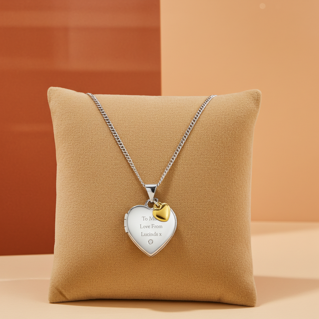 Personalised Sterling Silver & Gold Plated Diamond Heart Locket | Engraved Name & Photo Keepsake Necklace - Artfully Curated Creations and identify whats in the image