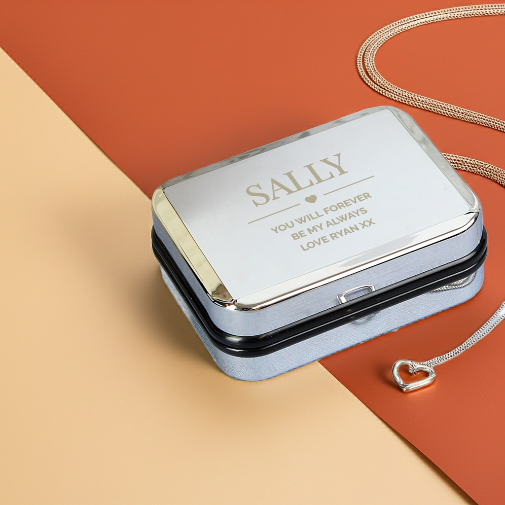 Personalised Sterling Silver Heart Necklace | Engraved Chrome Gift Box - Artfully Curated Creations and identify whats in the image
