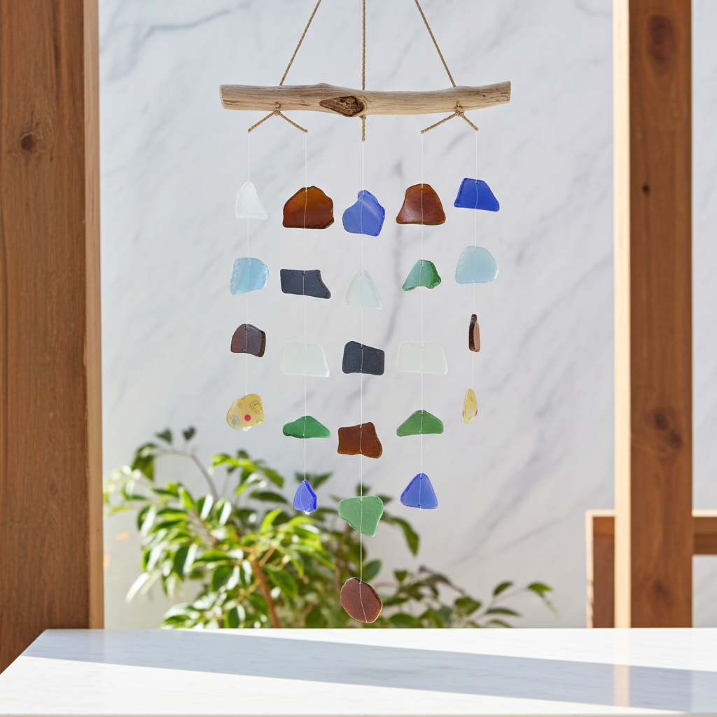 Recycled Glass Simple Five String Wind Chimes - Multi Coloured