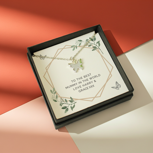 Personalised Butterfly Necklace | Engraved Sentiment Card & Gift Box for Any Occasion - Artfully Curated Creations and identify whats in the image