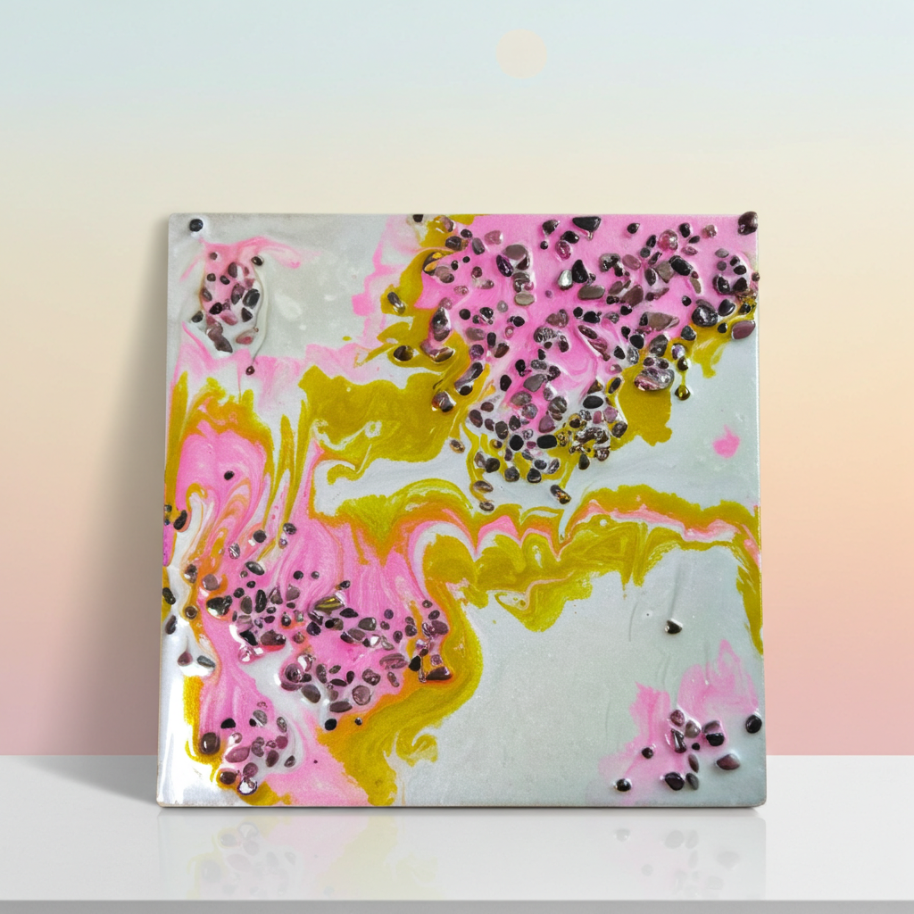 “Blush & Bloom” | Pink Gold & Pearl Resin Art with Rhodonite Gemstones | Imperfectly Perfect Handmade Wooden Canvas - Artfully Curated Creations and identify whats in the image