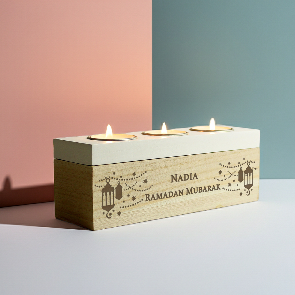 Personalised Triple Tealight Holder | Ramadan & Eid Gift - Artfully Curated Creations and identify whats in the image