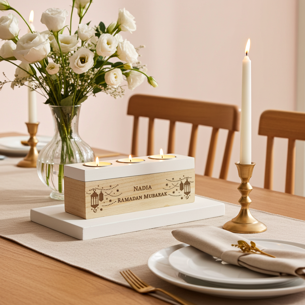 Personalised Triple Tealight Holder | Ramadan & Eid Gift - Artfully Curated Creations and identify whats in the image