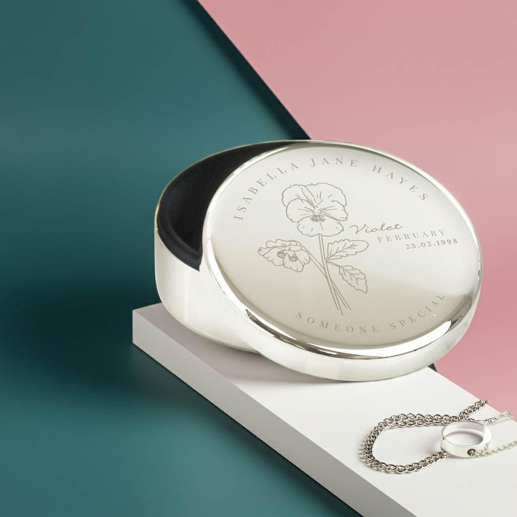 Personalised Birth Flower Round Trinket Box | A Meaningful Gift for Any Occasion