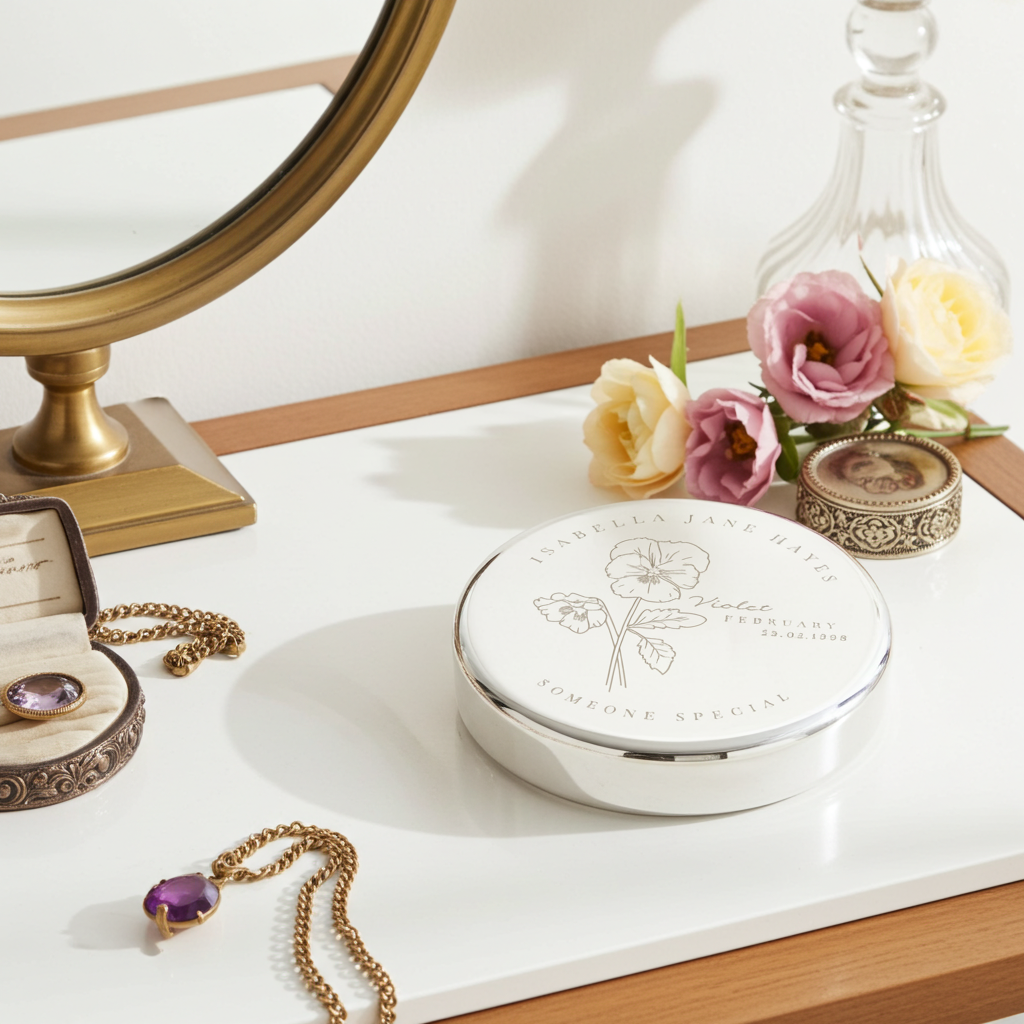 Personalised Birth Flower Round Trinket Box | A Meaningful Gift for Any Occasion