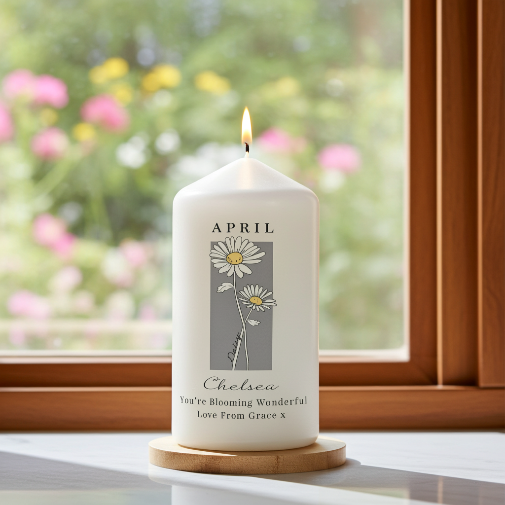 Personalised Birth Flower Pillar Candle | Handmade | A personal gift - Artfully Curated Creations and identify whats in the image