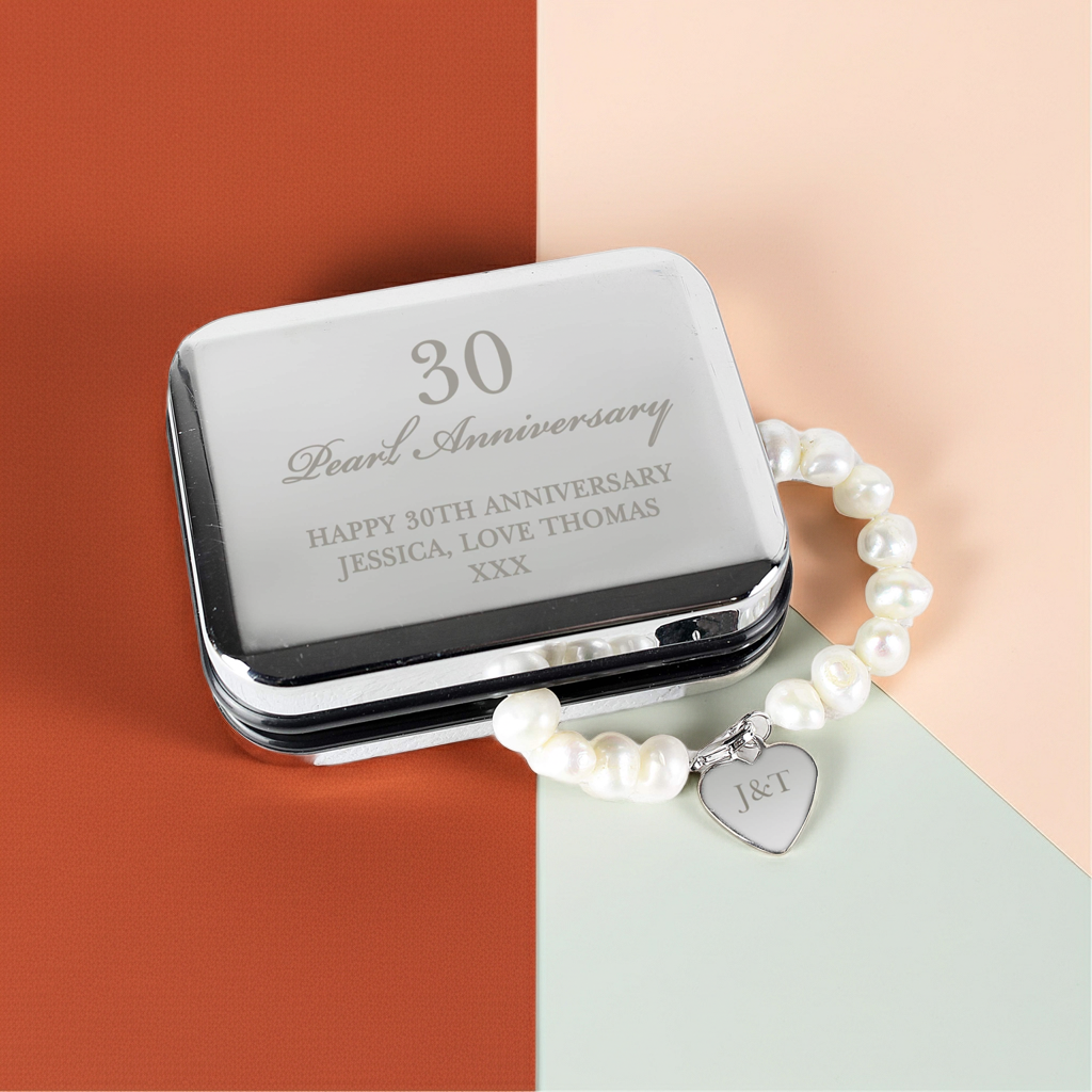 Personalised Pearl Bracelet | Engraved Chrome Gift Box for Anniversaries & Special Occasions - Artfully Curated Creations and identify whats in the image