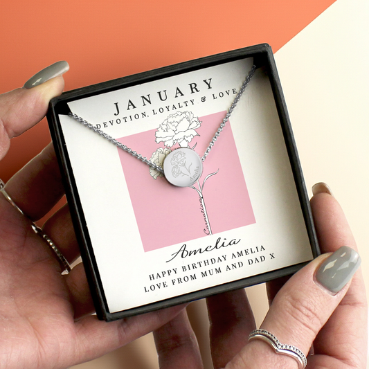 Personalised Birth Flower Necklace And Box | A personal gift - Artfully Curated Creations and identify whats in the image