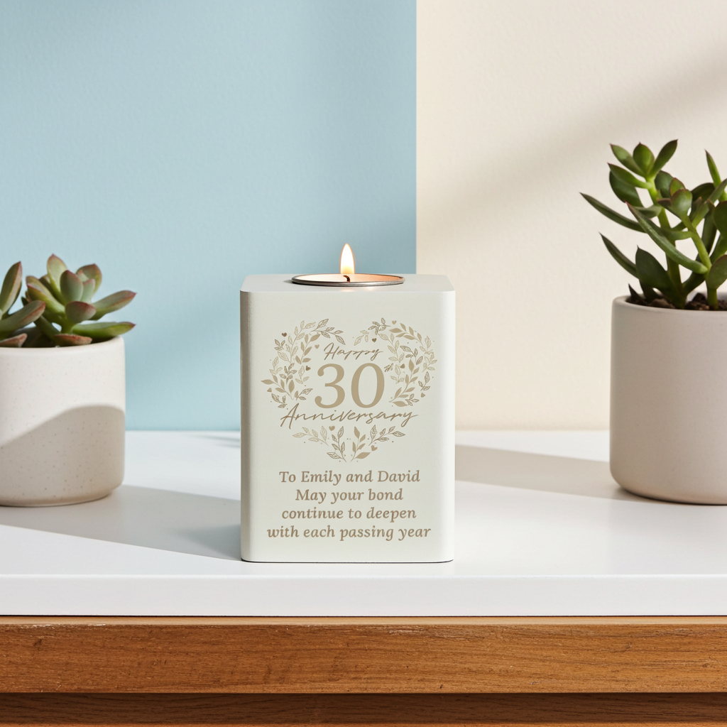 Personalised 30th Anniversary Tealight Holder | Pearl Anniversary Keepsake - Artfully Curated Creations and identify whats in the image