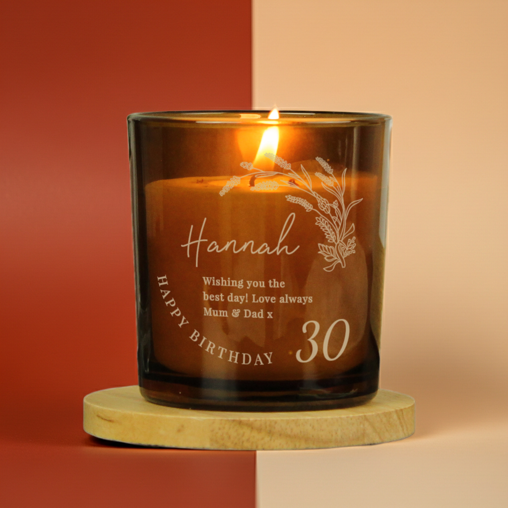 Personalised Amber Glass Vanilla Candle Jar | Birthday Keepsake Gift - Artfully Curated Creations and identify whats in the image