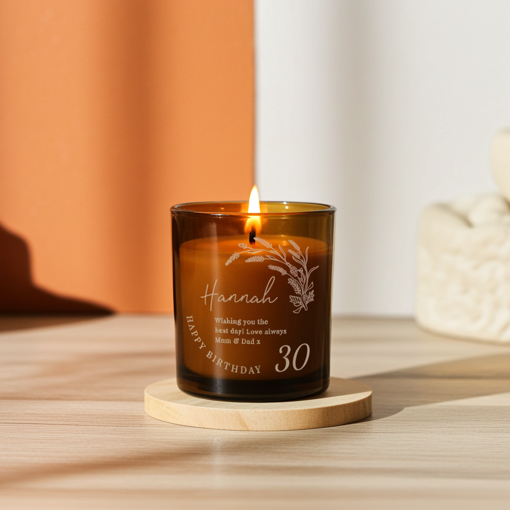 Personalised Amber Glass Vanilla Candle Jar | Birthday Keepsake Gift - Artfully Curated Creations and identify whats in the image