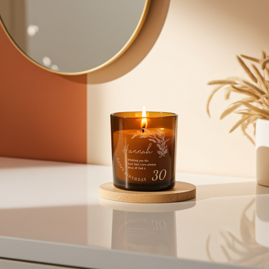 Personalised Amber Glass Vanilla Candle Jar | Birthday Keepsake Gift - Artfully Curated Creations and identify whats in the image