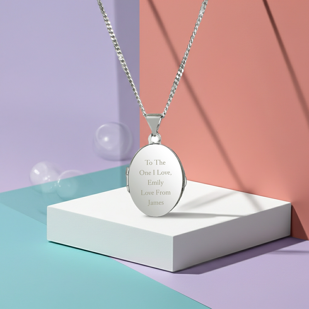 Personalised Sterling Silver Oval Locket | Engraved 5‑Line Message & Photo Keepsake Gift Box
