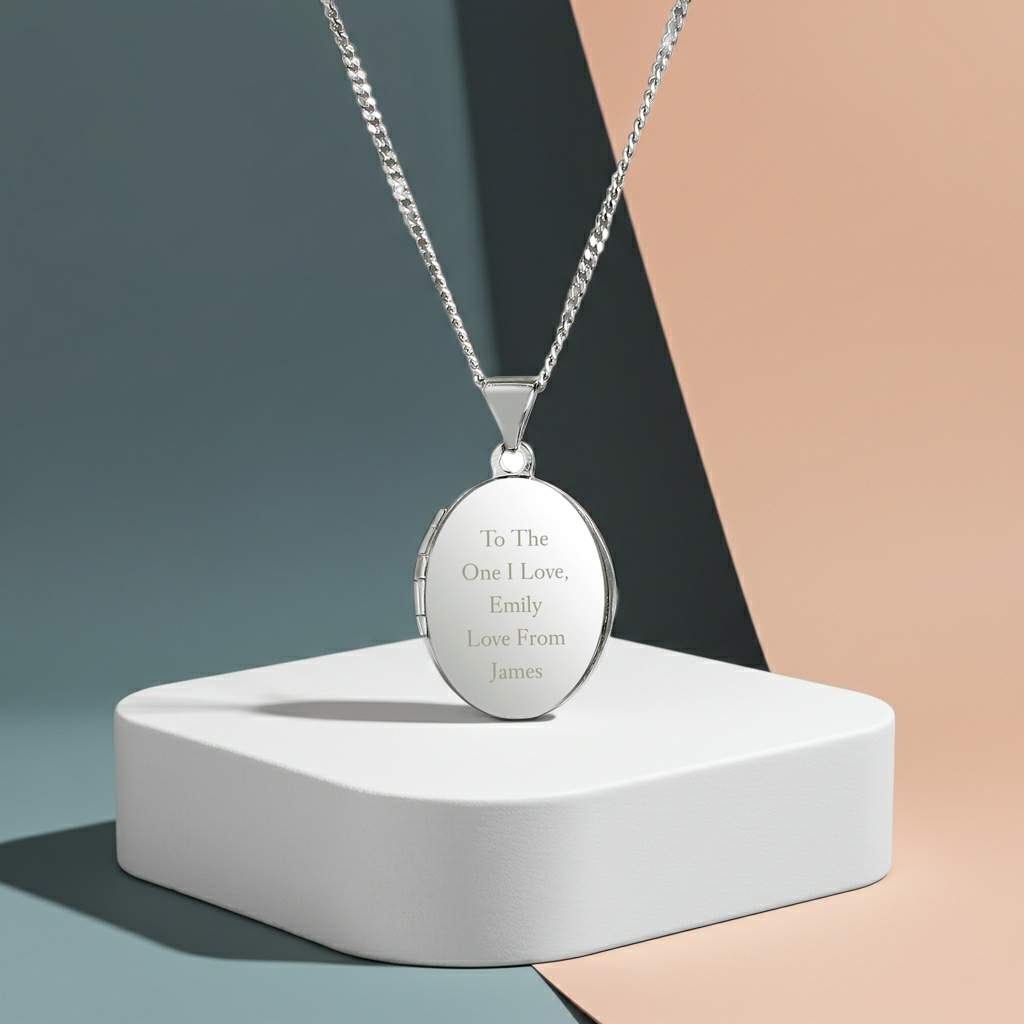 Personalised Sterling Silver Oval Locket | Engraved 5‑Line Message & Photo Keepsake Gift Box - Artfully Curated Creations and identify whats in the image