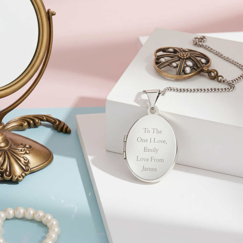 Personalised Sterling Silver Oval Locket | Engraved 5‑Line Message & Photo Keepsake Gift Box - Artfully Curated Creations and identify whats in the image