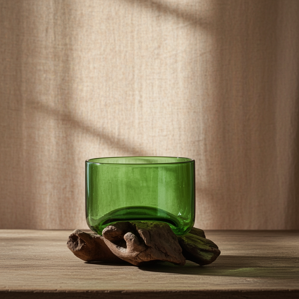 Molton Recycled Beer Bottle Glass Square Bowl On Wooden Stand