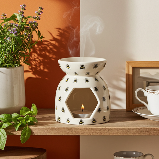 Bee Print Ceramic Oil Burner & Wax Warmer 11cm | Cute Bee Design | Home Fragrance Burner | Gift for Wax Melt Lovers