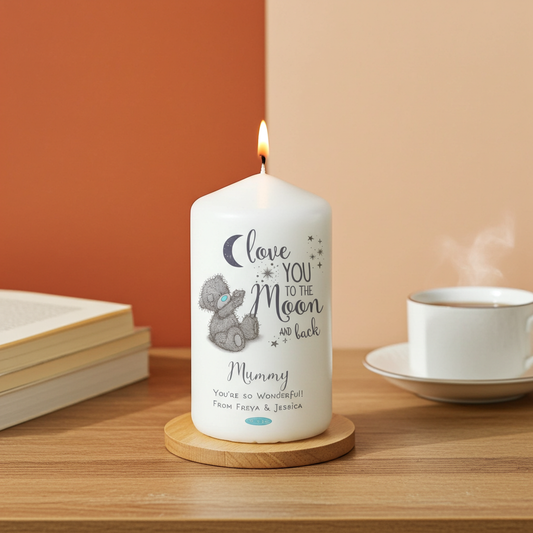 Me to You ‘Love You to the Moon and Back’ Personalised Pillar Candle - Artfully Curated Creations and identify whats in the image