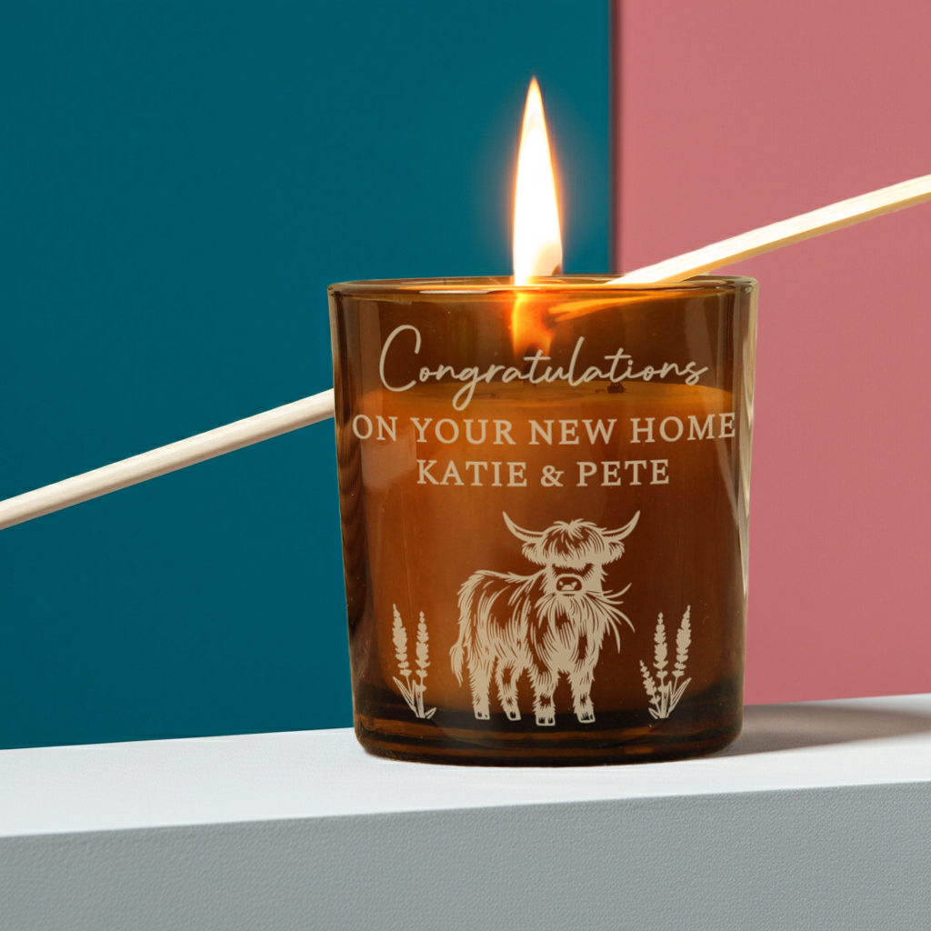 Highland Cow Personalised Amber Glass Vanilla Candle Jar | Custom Message Gift for Any Occasion - Artfully Curated Creations and identify whats in the image