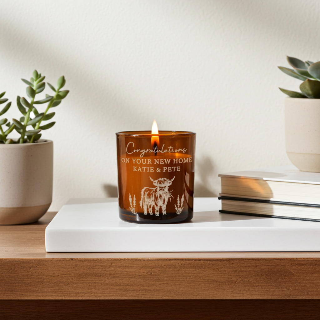Highland Cow Personalised Amber Glass Vanilla Candle Jar | Custom Message Gift for Any Occasion - Artfully Curated Creations and identify whats in the image