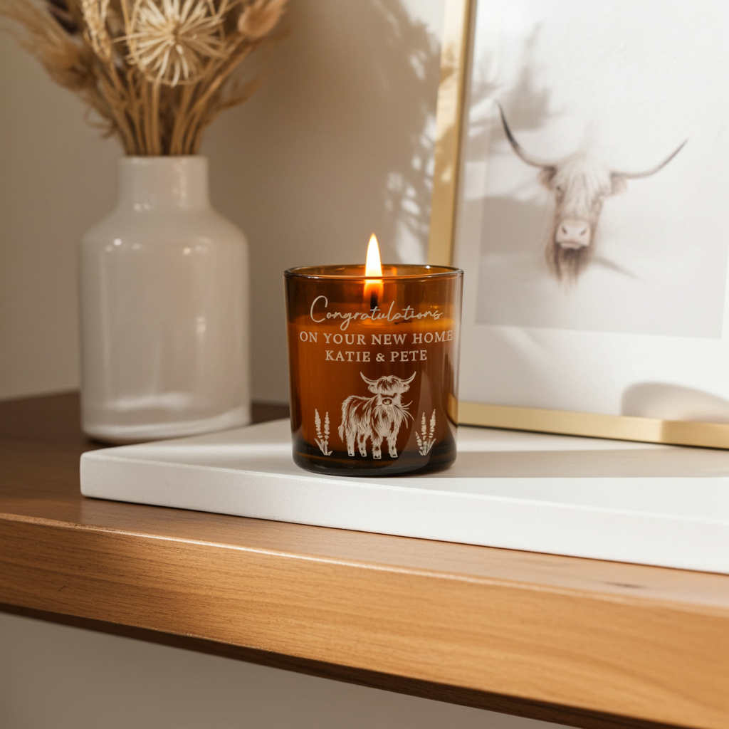 Highland Cow Personalised Amber Glass Vanilla Candle Jar | Custom Message Gift for Any Occasion - Artfully Curated Creations and identify whats in the image