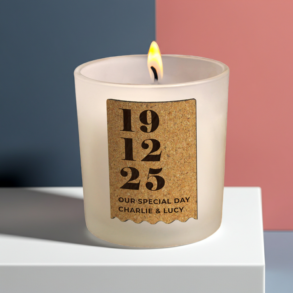 Personalised Vanilla Anniversary Cork Label Candle Jar | Custom Date & Message Keepsake - Artfully Curated Creations and identify whats in the image