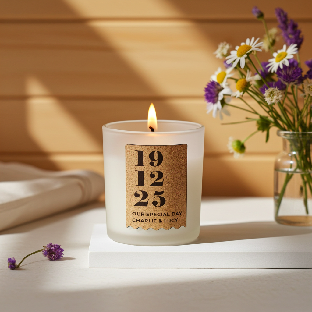 Personalised Vanilla Anniversary Cork Label Candle Jar | Custom Date & Message Keepsake - Artfully Curated Creations and identify whats in the image