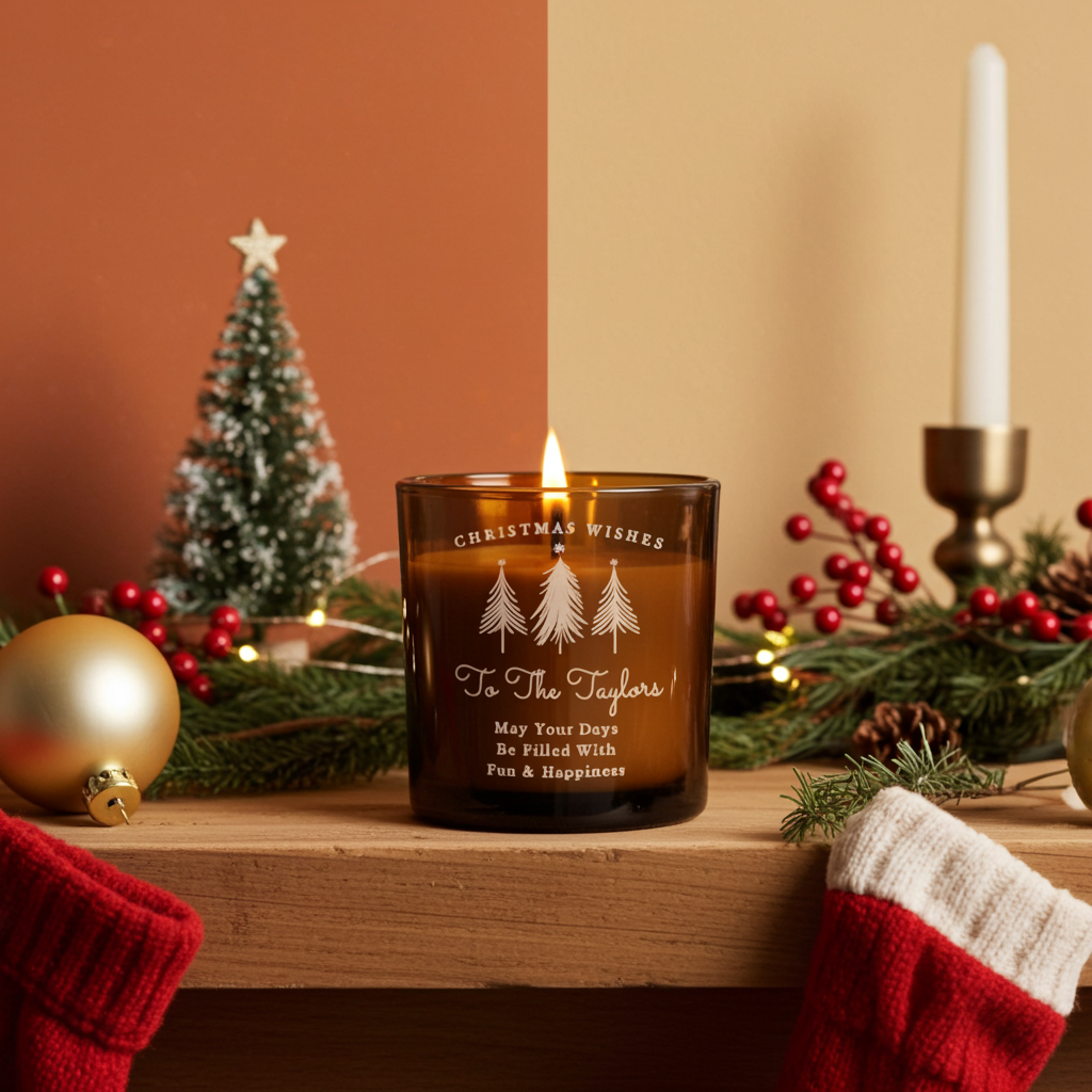 Personalised Amber Glass Vanilla Candle Jar | Custom Festive Keepsake Gift - Artfully Curated Creations and identify whats in the image
