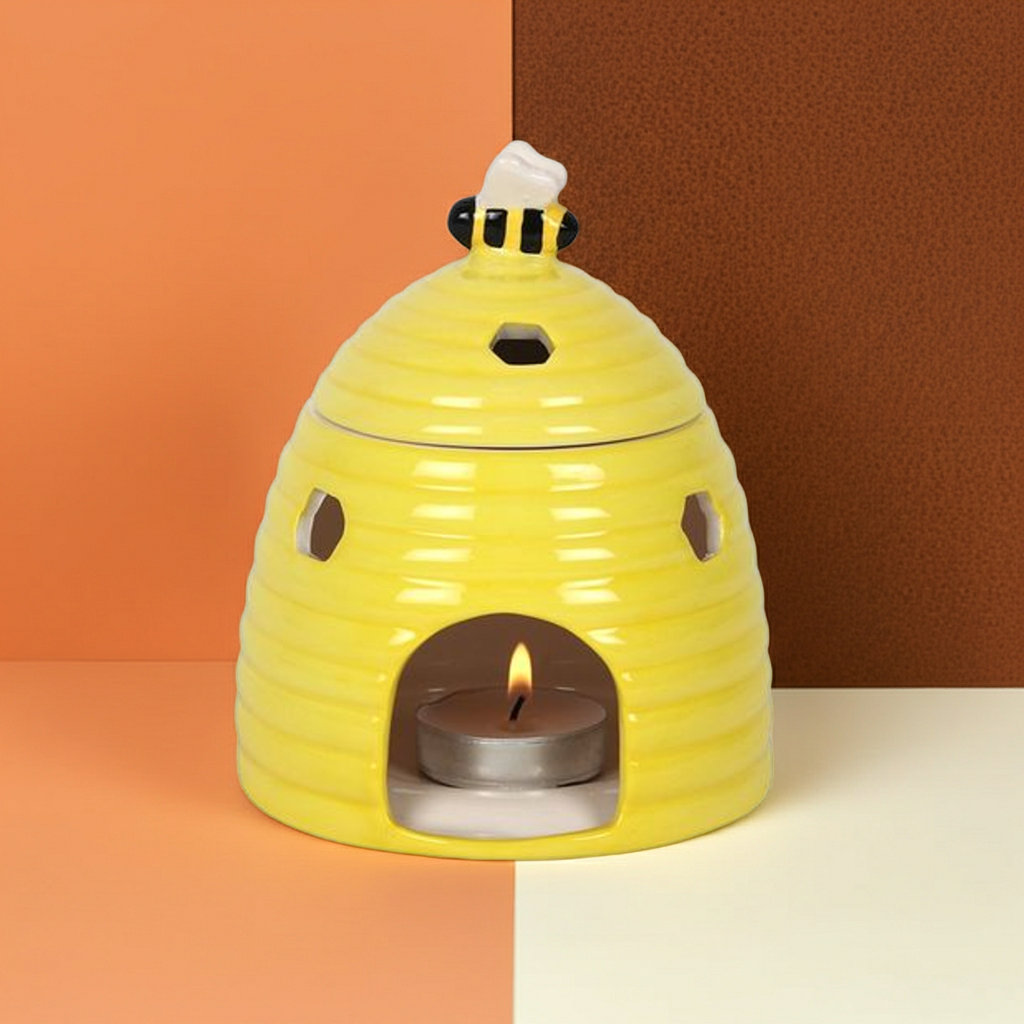 Yellow Beehive Ceramic Oil Burner with Bee Lid & Honeycomb Cutouts Aromatherapy Burner for Fragrance Oils