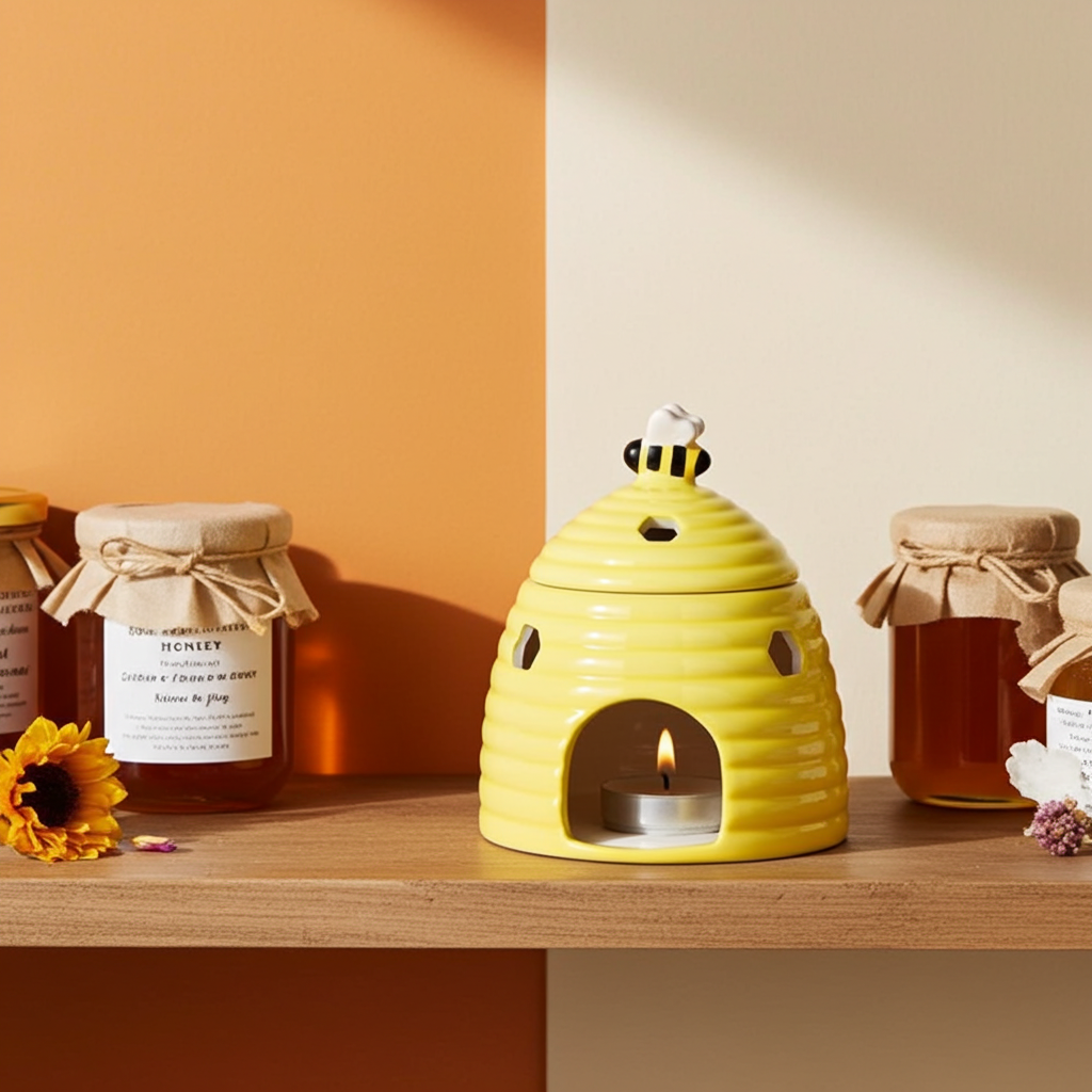 Yellow Beehive Ceramic Oil Burner with Bee Lid & Honeycomb Cutouts Aromatherapy Burner for Fragrance Oils