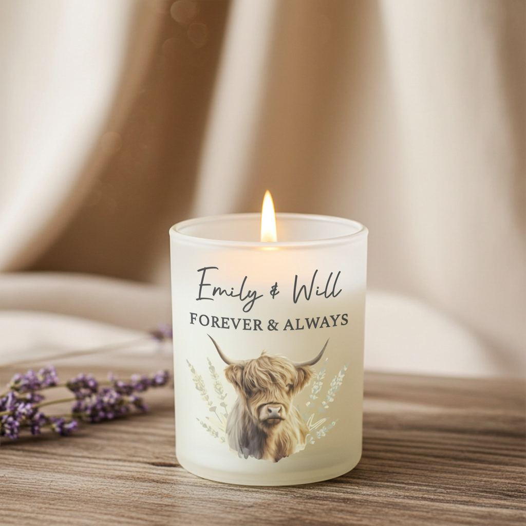 Personalised Highland Cow Vanilla Frosted Candle Jar | Custom Message Gift - Artfully Curated Creations and identify whats in the image