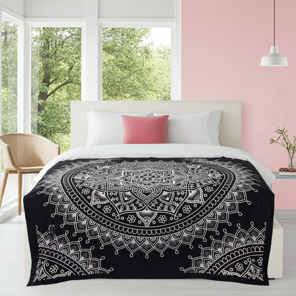 Black & White Double Bed Spread / Wall Art - Lotus Flower