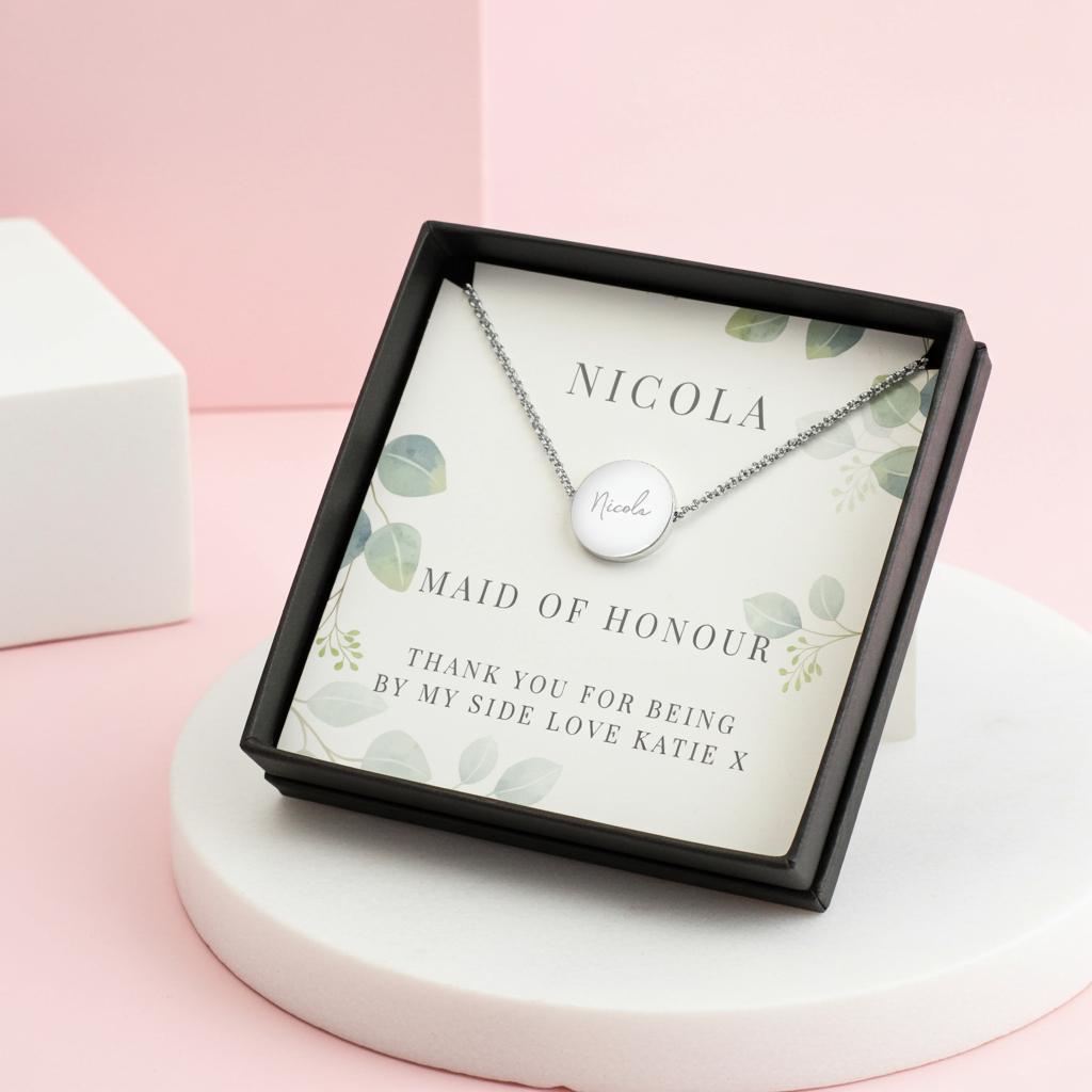 Personalised Disc Necklace|  Engraved Gift Box for Bridesmaids, Weddings & Special Occasions - Artfully Curated Creations and identify whats in the image