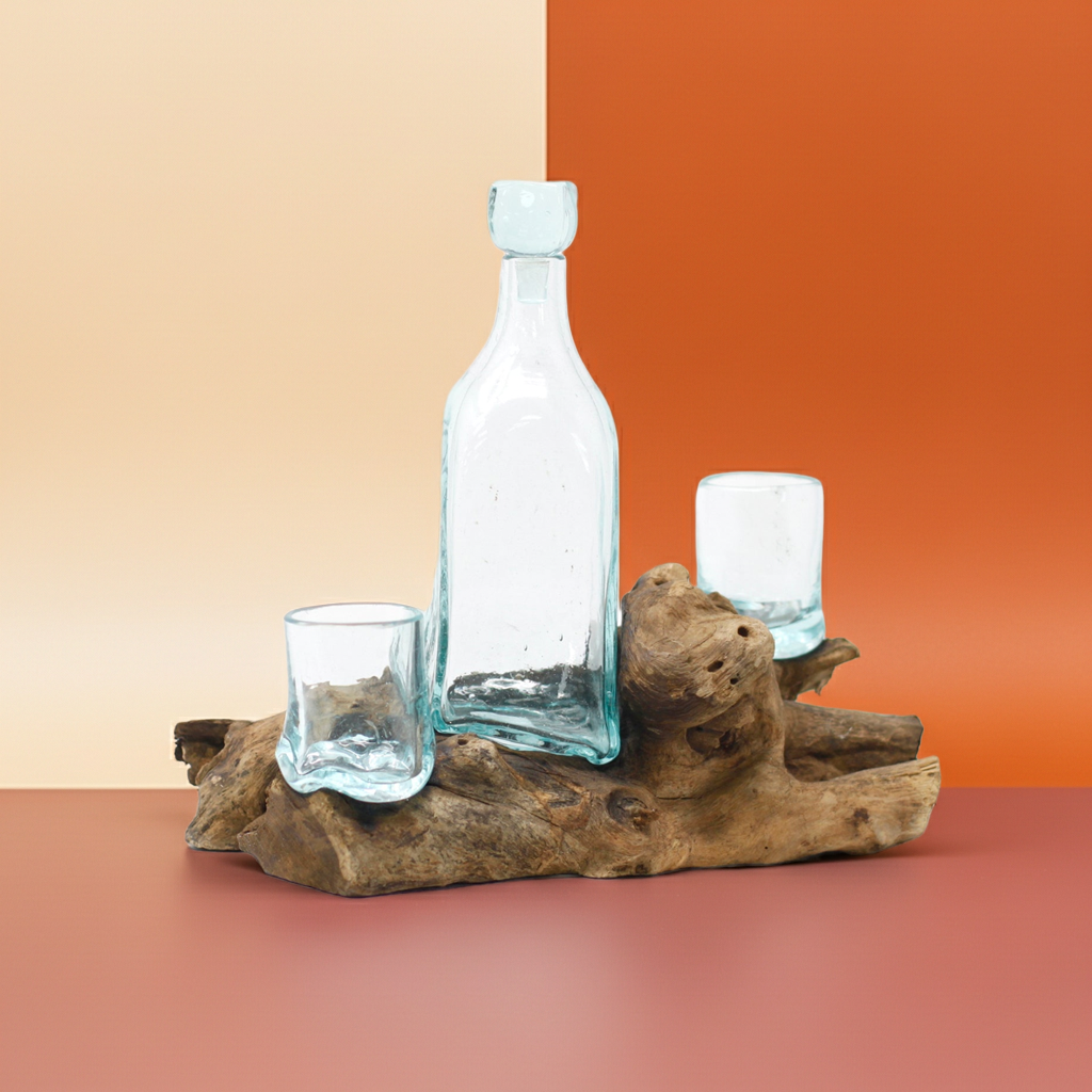 Molton Glass Whiskey Set On Wooden Stand