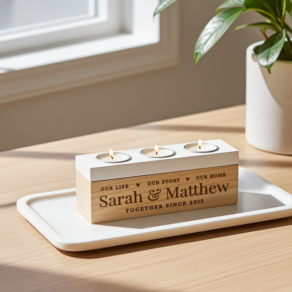 Personalised Wooden Triple Tealight Holder | A Heartfelt Keepsake for Any Home