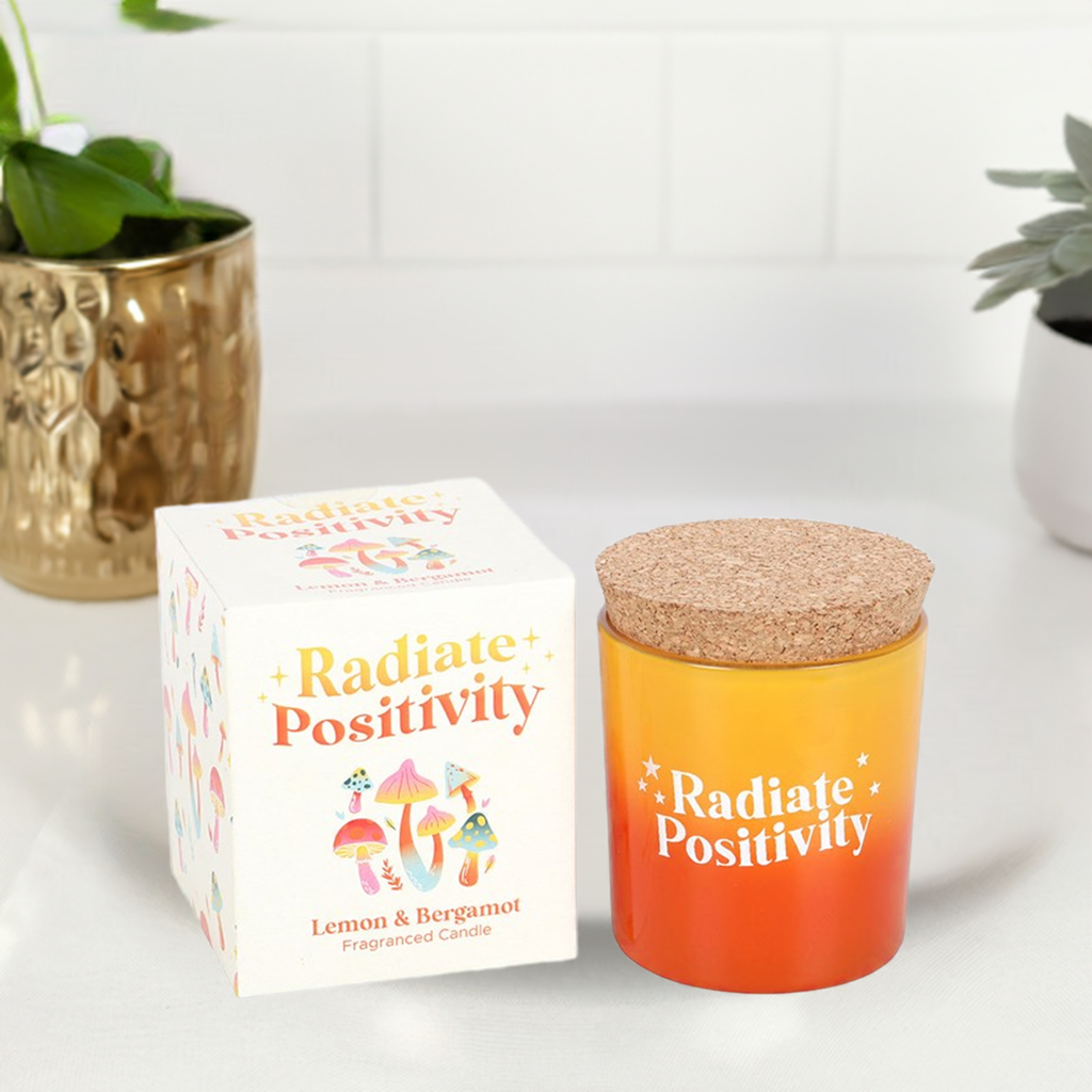 Radiate Positivity Lemon & Bergamot Scented Candle Colourful Glass Jar with Cork Lid Fresh Uplifting Citrus Candle, 20-Hour Burn Time