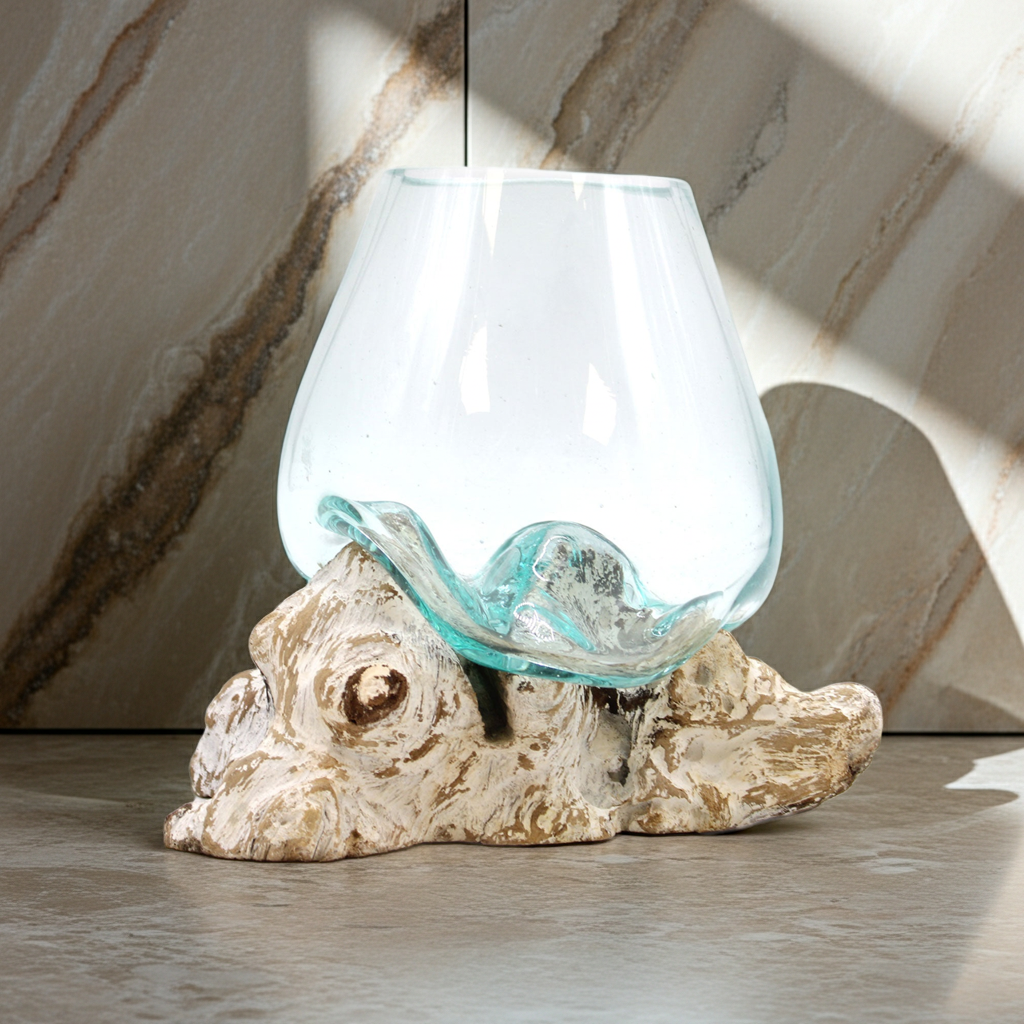 Molton Glass Large Bowl On A Whitewashed Wooden Stand