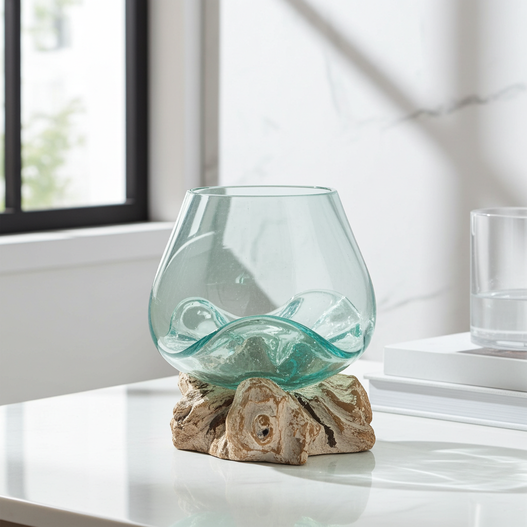 Molton Glass Large Bowl On A Whitewashed Wooden Stand