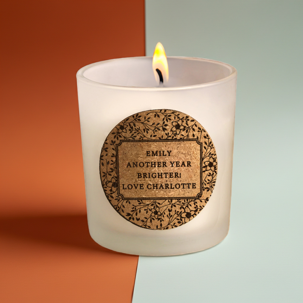 Personalised Floral Vanilla Scented Jar Candle | Custom Cork Label Gift - Artfully Curated Creations and identify whats in the image
