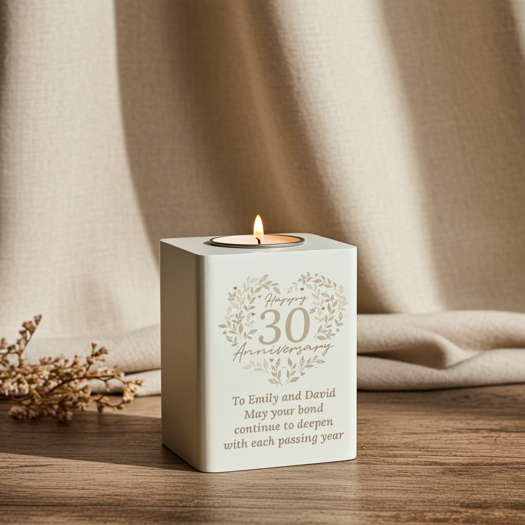 Personalised 30th Anniversary Tealight Holder | Pearl Anniversary Keepsake - Artfully Curated Creations and identify whats in the image